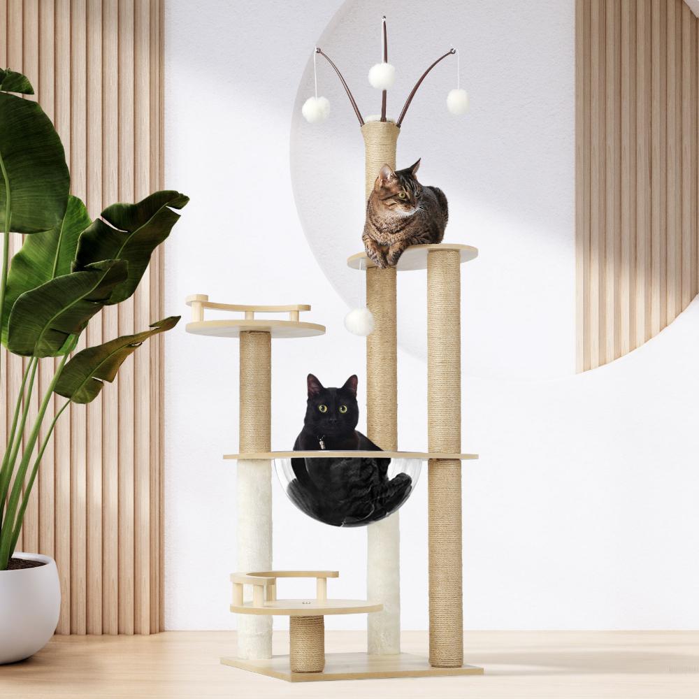 132cm Cat Tree Wooden Cat Tower with Cat Scratching Post and Acrylic Bowl 14v - Cat Factory Au