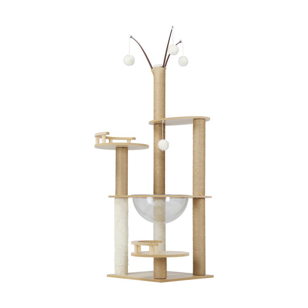 132cm Cat Tree Wooden Cat Tower with Cat Scratching Post and Acrylic Bowl 14v - Cat Factory Au