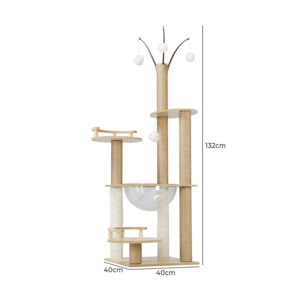 132cm Cat Tree Wooden Cat Tower with Cat Scratching Post and Acrylic Bowl 14v - Cat Factory Au