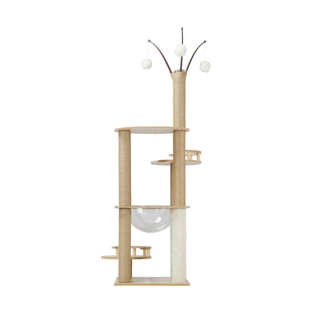 132cm Cat Tree Wooden Cat Tower with Cat Scratching Post and Acrylic Bowl 14v - Cat Factory Au