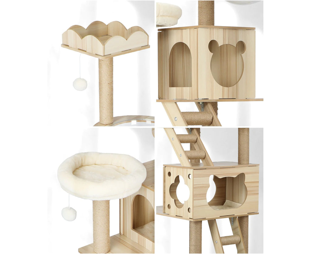 190cm Wooden Cat Tree with Ladder, Cat Condo and Scratching Post Cat Tower 14vgif - Cat Factory Au