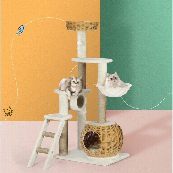 138cm Cat Tree/Tower Scratching Post Wood Bed Condo House Rattan Ladder