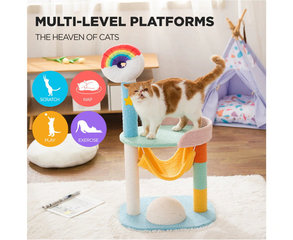 86cm Cat Tree Tower and Scratching Post Rainbow style - Cat Factory Au